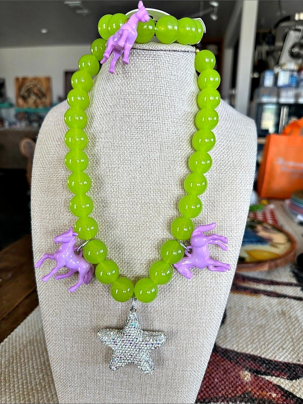 Queen Gypsy  Lime Green Bubblegum Necklace/Bracelet with Lavender Horse